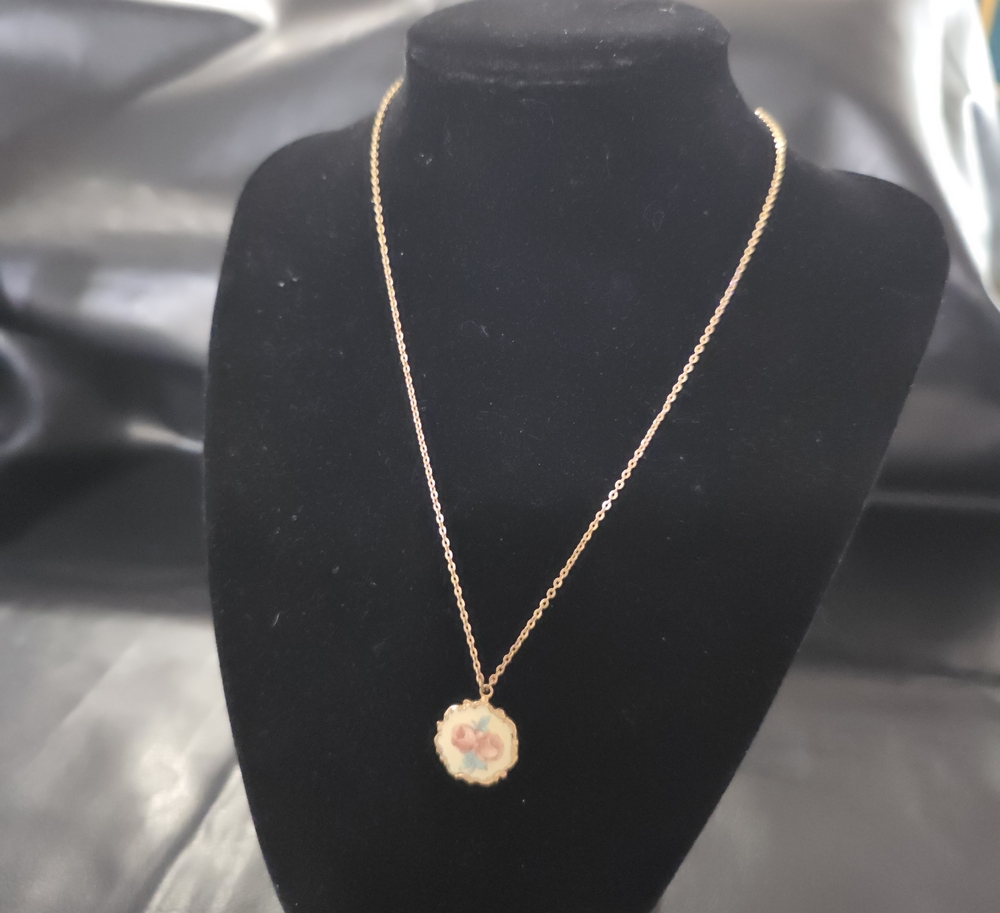 1928 Gold-Tone Necklace with Pink and Blue Floral Pendant